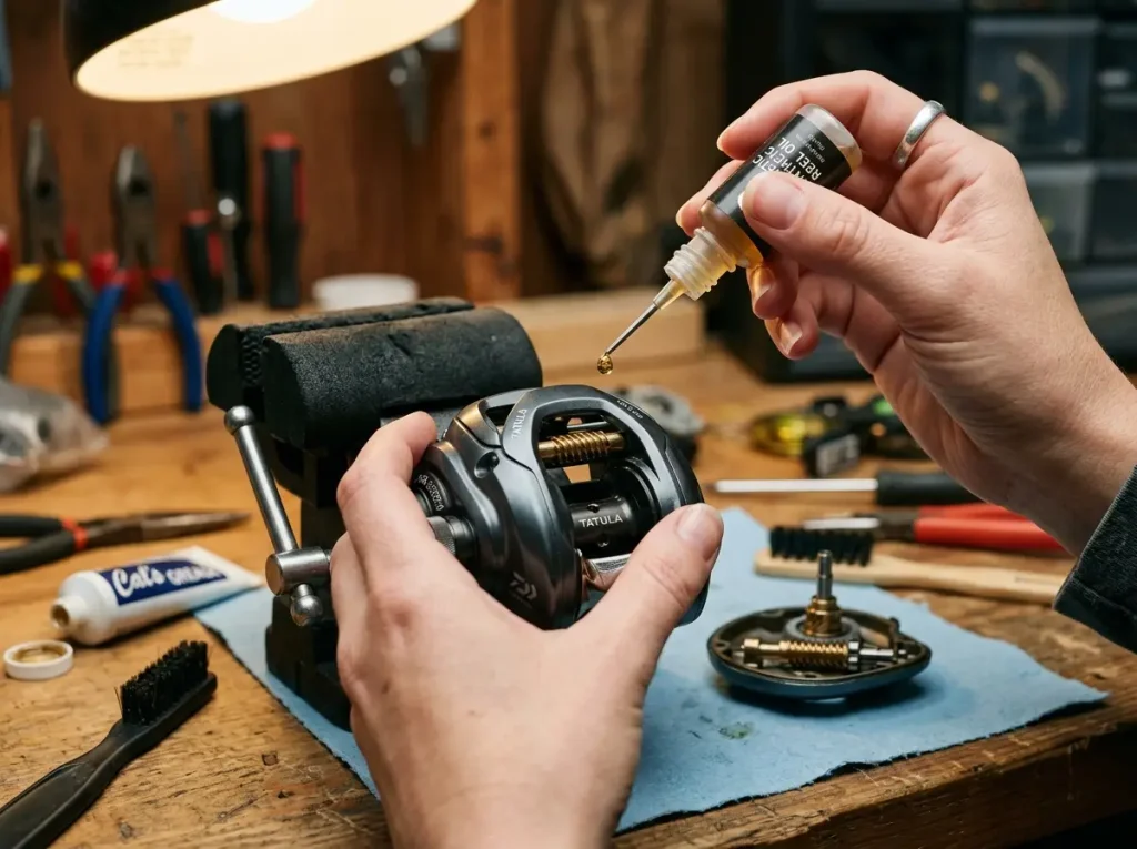 Applying one drop of reel oil to level wind worm gear with precision applicator