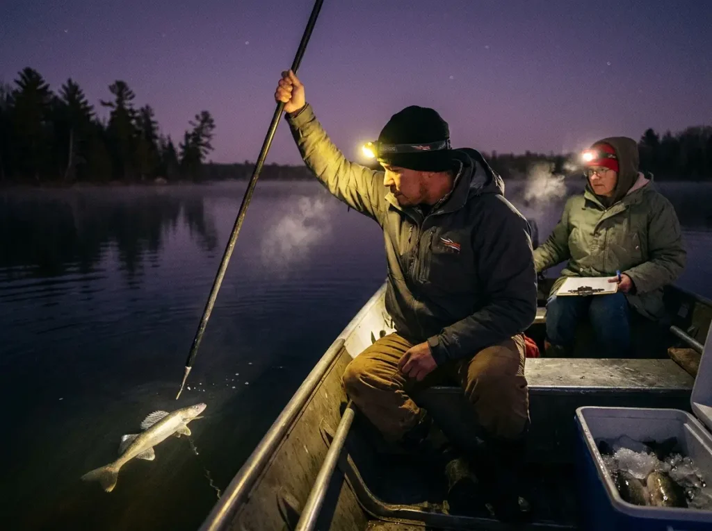 Ojibwe spearfisher on a Wisconsin lake at night with a headlamp during walleye spring spearing season.
