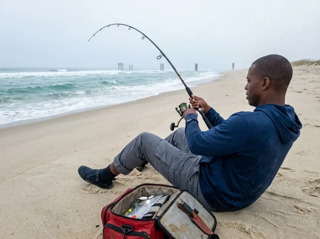 Angler fishing strong current flow at Oregon Inlet with Bonner Bridge ruins visible