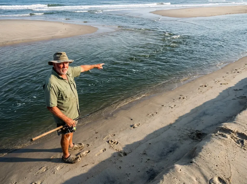 Low tide exposed sandbar and slough structure on Outer Banks beach showing fish-holding features