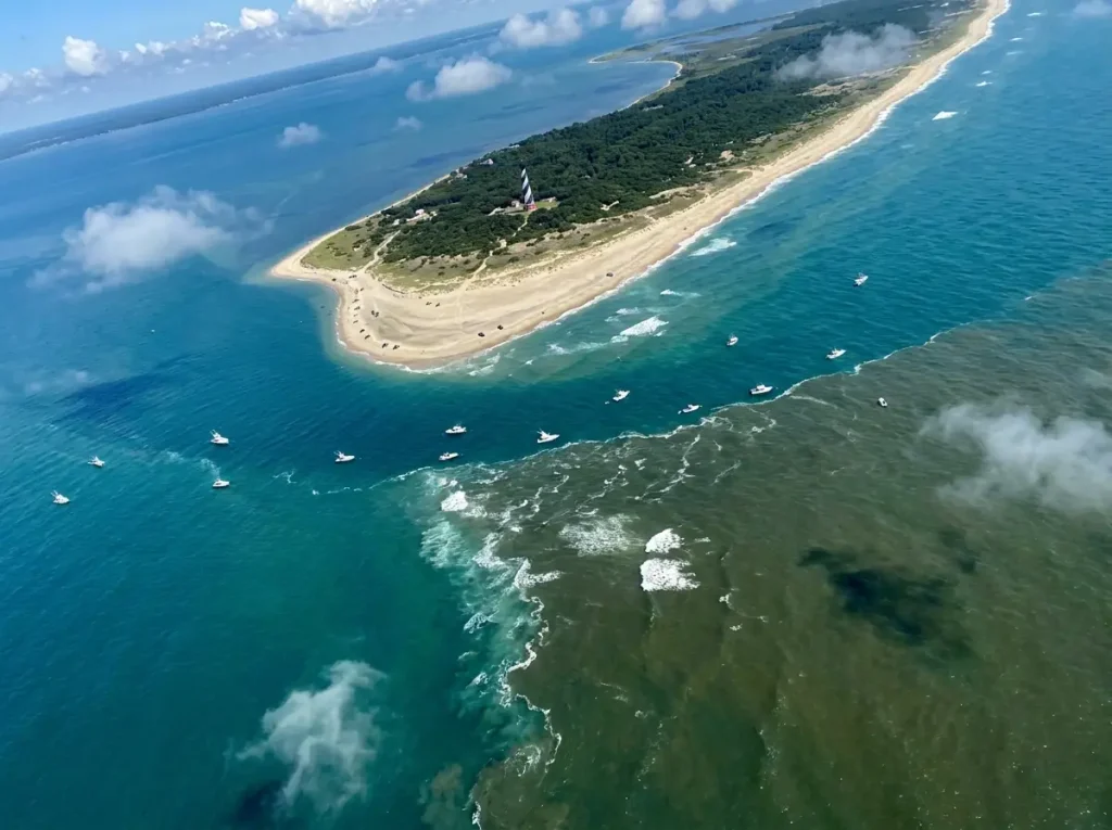 Aerial view showing where Gulf Stream and Labrador Current meet off Cape Hatteras coast