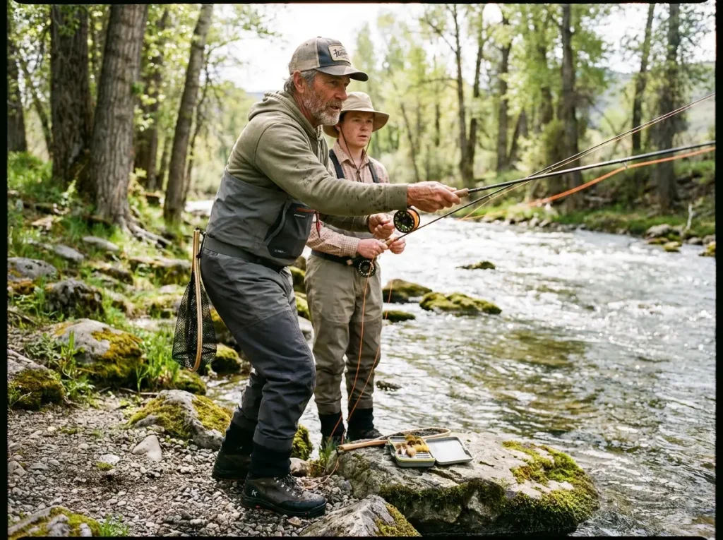 Hired fishing guide demonstrating a roll cast to a client on a freestone trout stream.