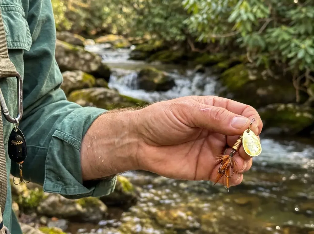 Ultralight spinning rod and small fly rod laid on a mossy streamside rock with brook trout tackle