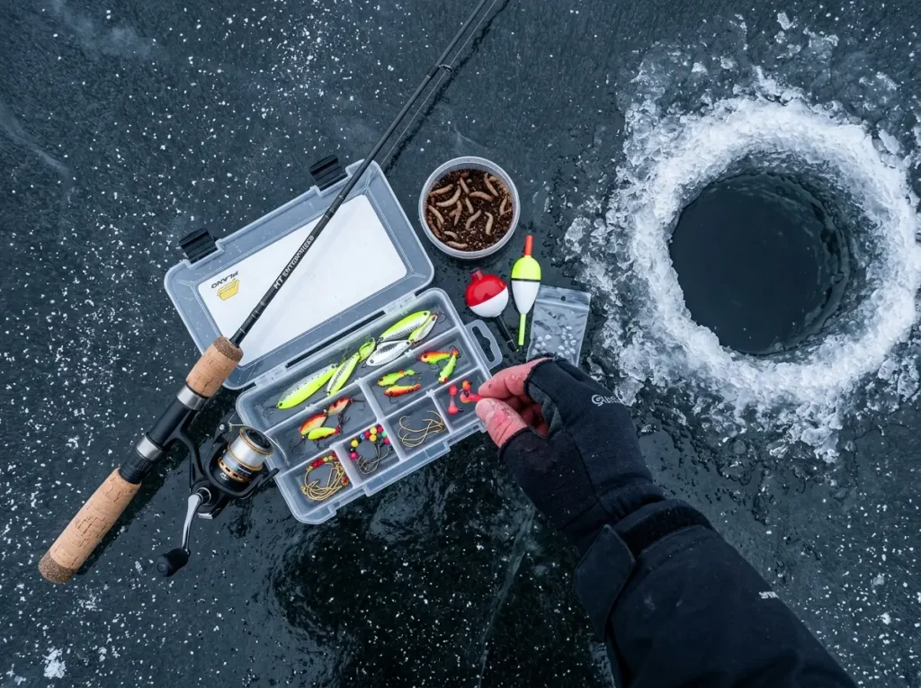 Ice fishing rod with tungsten jig and tackle spread on a frozen lake surface