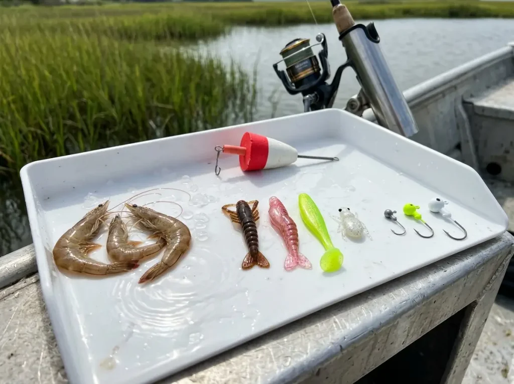 Live shrimp and soft plastic lures arranged beside popping cork jigheads on a bait tray