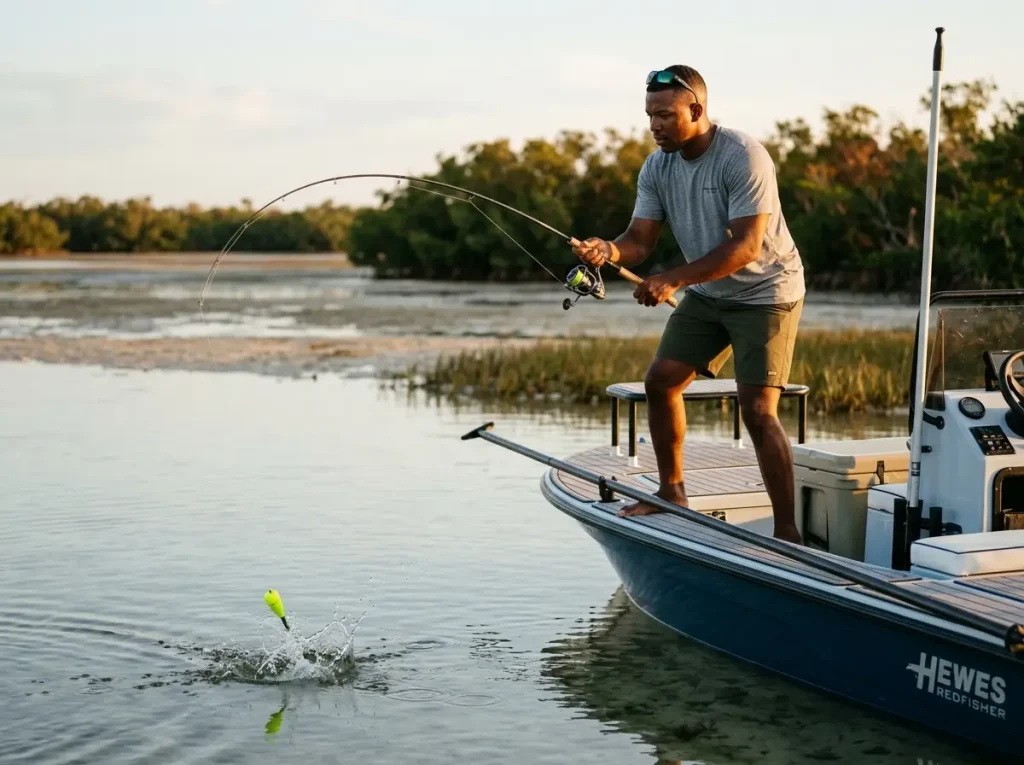 Angler snapping rod tip to pop a cork on a calm inshore flat at sunrise