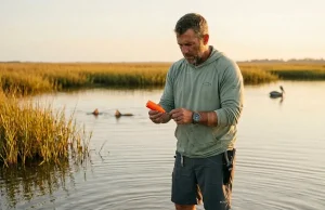 5 Popping Cork Rig Mistakes That Lose Inshore Fish Angler rigging a popping cork on a Louisiana marsh flat at dawn with redfish tailing in background