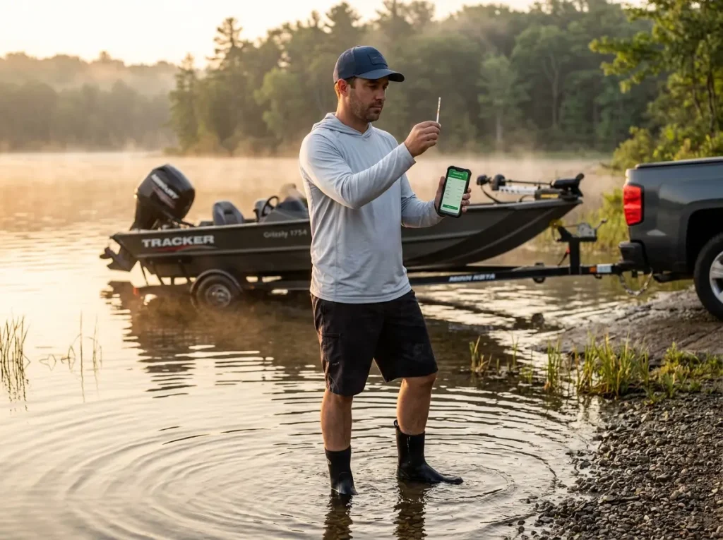 Angler at boat launch performing water quality tests as part of pre-fishing routine