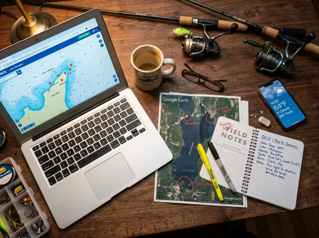Angler researching a lake on laptop with contour maps and fishing notes
