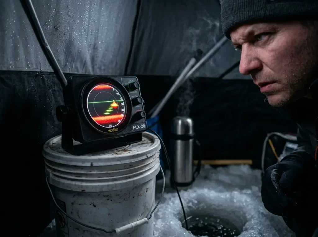 Close-up of a Vexilar ice fishing flasher showing fish marks near the bottom