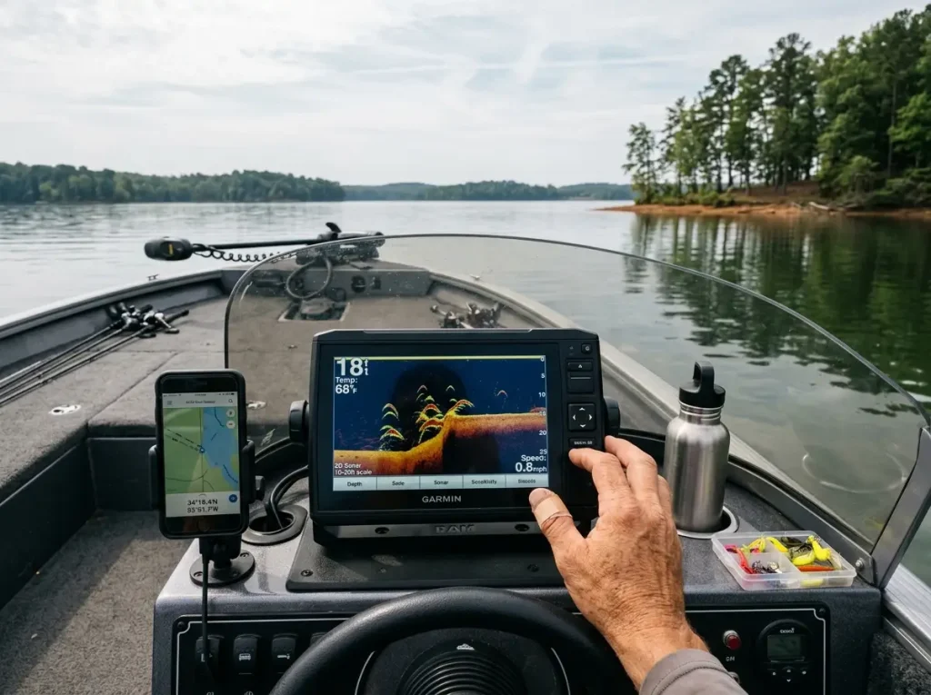 Fish finder screen showing underwater structure and drop-off on a new lake