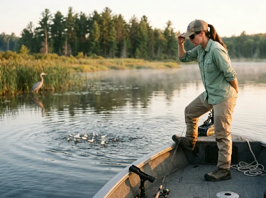 Angler scanning lake surface through polarized sunglasses watching baitfish scatter at dawn