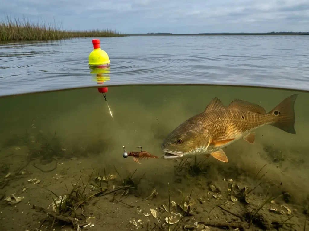 Redfish charging toward a popping cork rig in shallow turbid Gulf Coast water