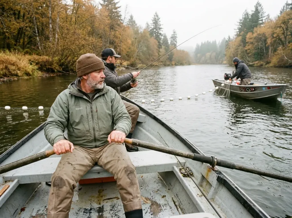 Non-tribal angler giving wide berth to a tribal gillnet on a Pacific Northwest river while drift boat fishing.