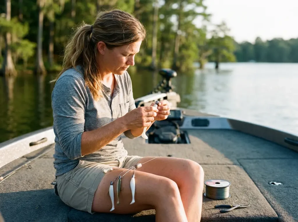 Angler threading a swimbait onto a jig head while rigging an Alabama rig