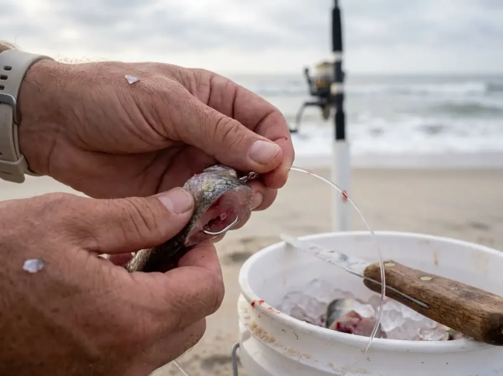 Angler rigging fresh bunker chunk on circle hook for surf fishing stripers