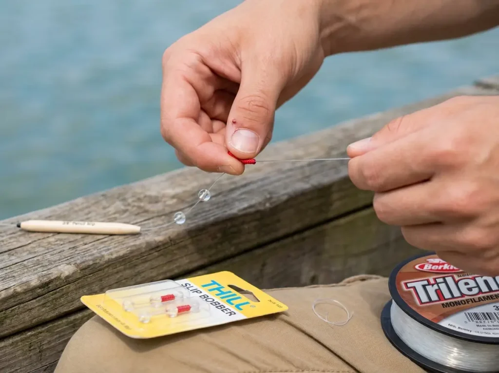 Angler's hands threading bobber stop onto fishing line close-up