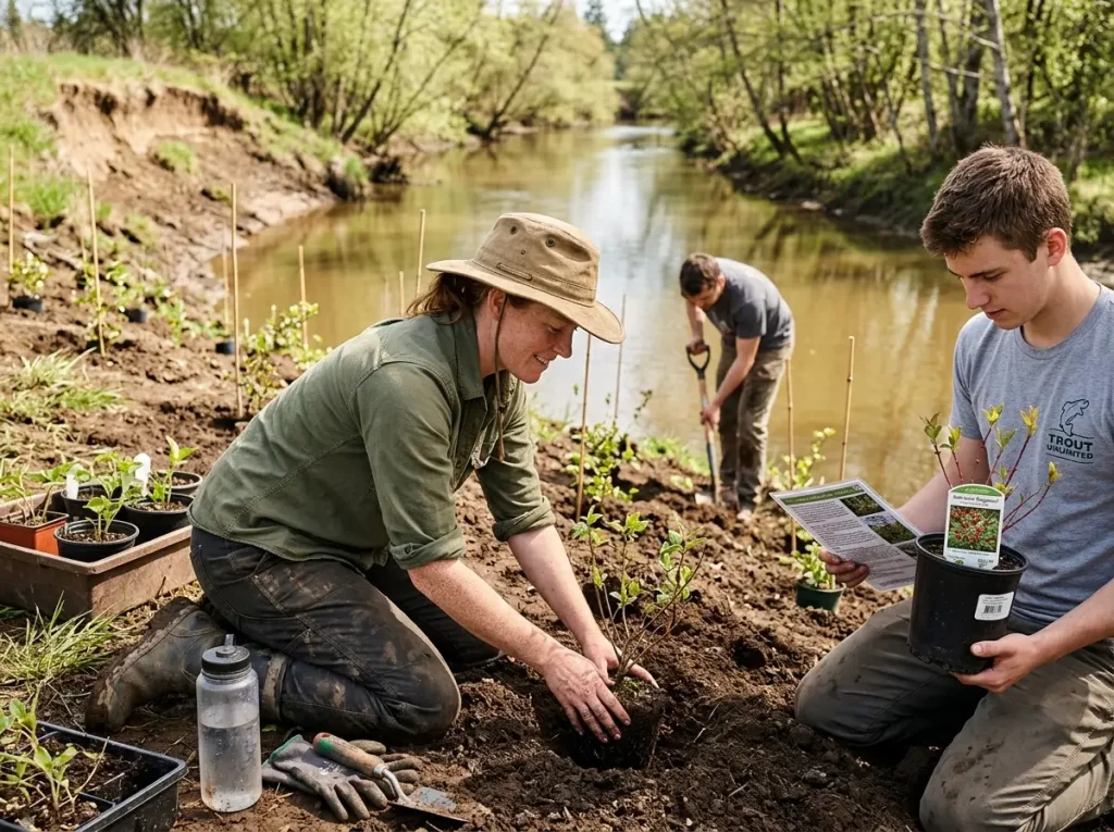 Volunteers planting native shrubs along an eroded stream bank as part of a riparian restoration project