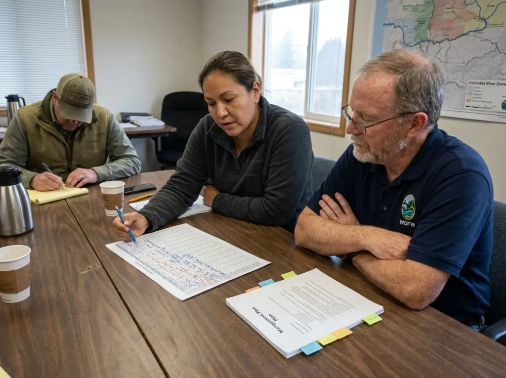 State and tribal fisheries staff reviewing a salmon allocation spreadsheet during a co-management meeting.