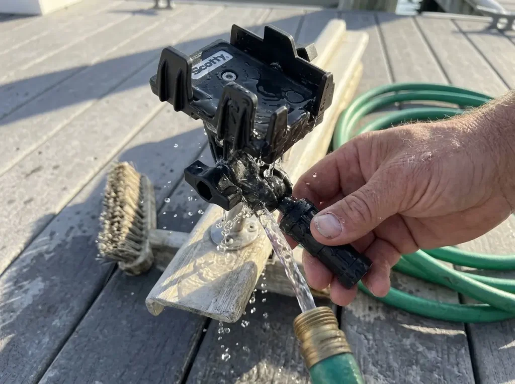 Angler rinses a salt-crusted Scotty phone mount ball joint with freshwater at the dock after a trip