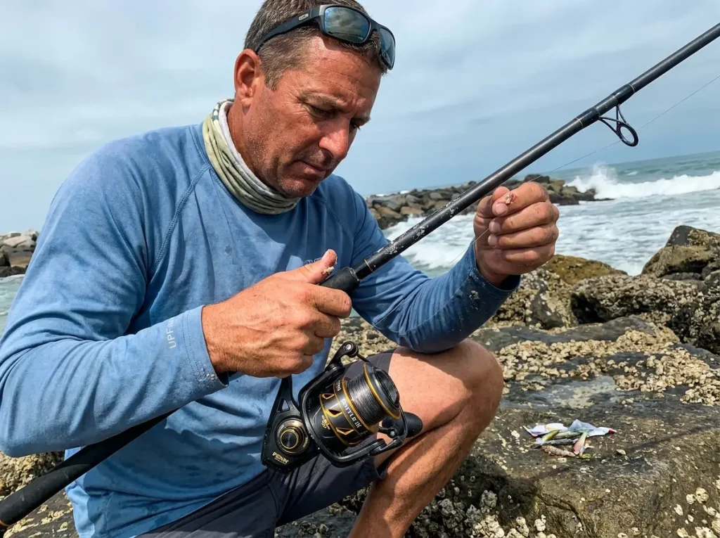 A PENN Battle III spinning reel on an inshore rod at a saltwater jetty, sized for where you fish