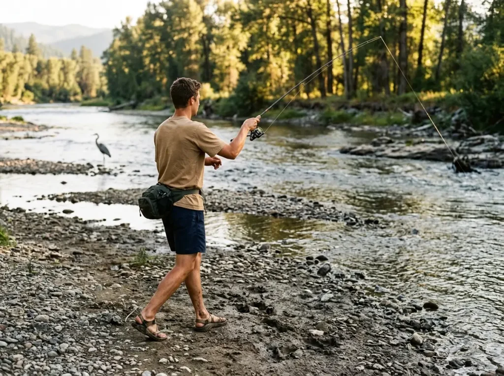 Shore angler walking along bank to change pull angle on a snagged fishing lure