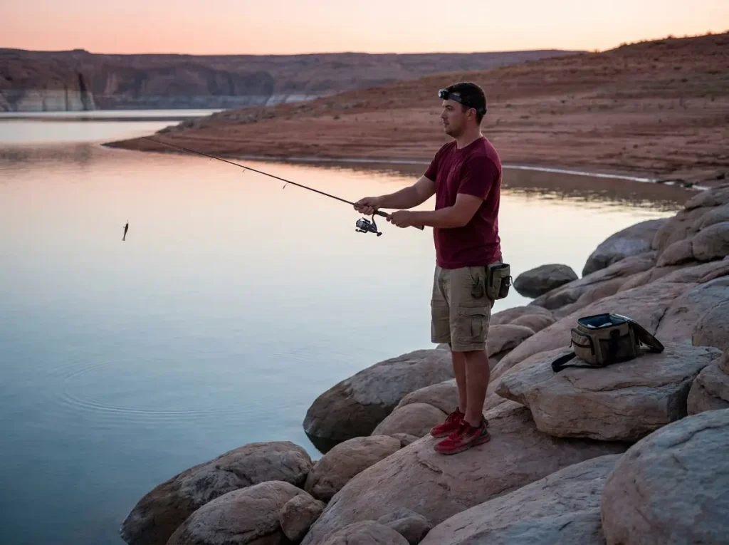 Shore angler casting from rocky Lake Powell shoreline at sunrise near Bullfrog