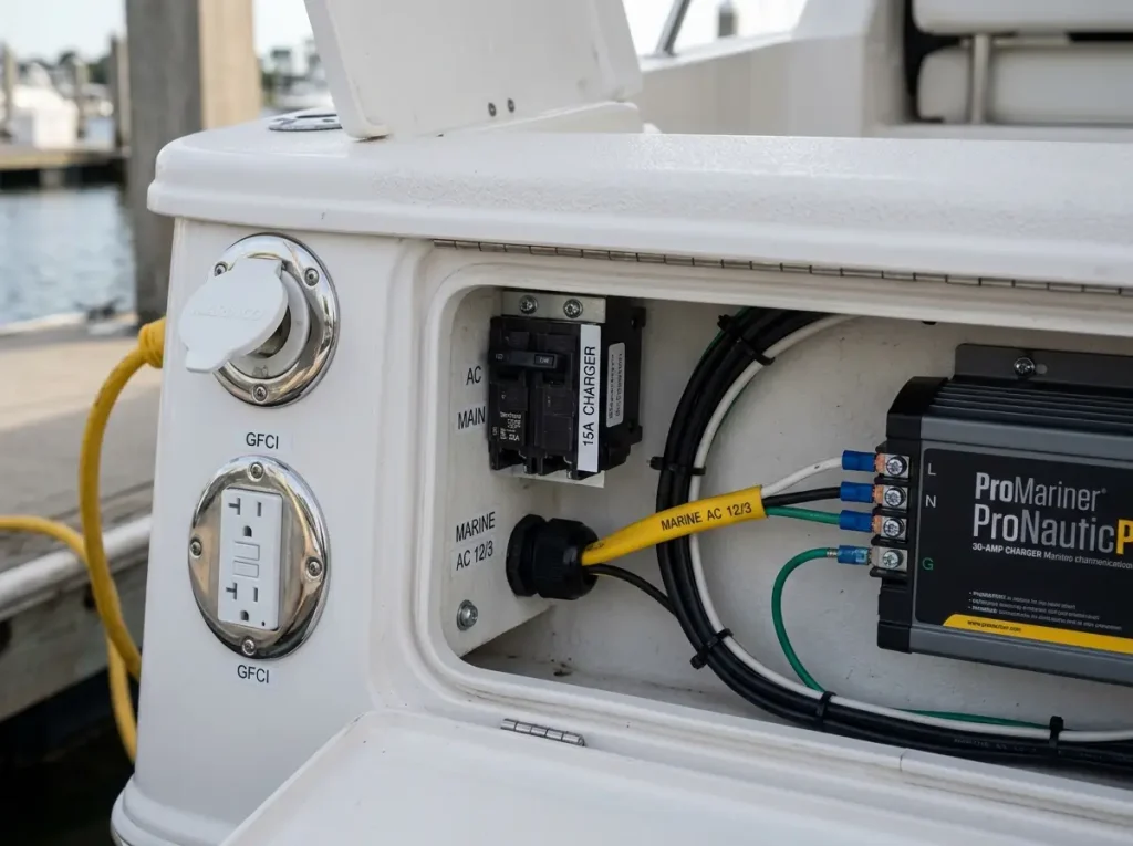 Shore power inlet and AC breaker panel wiring for onboard marine battery charger