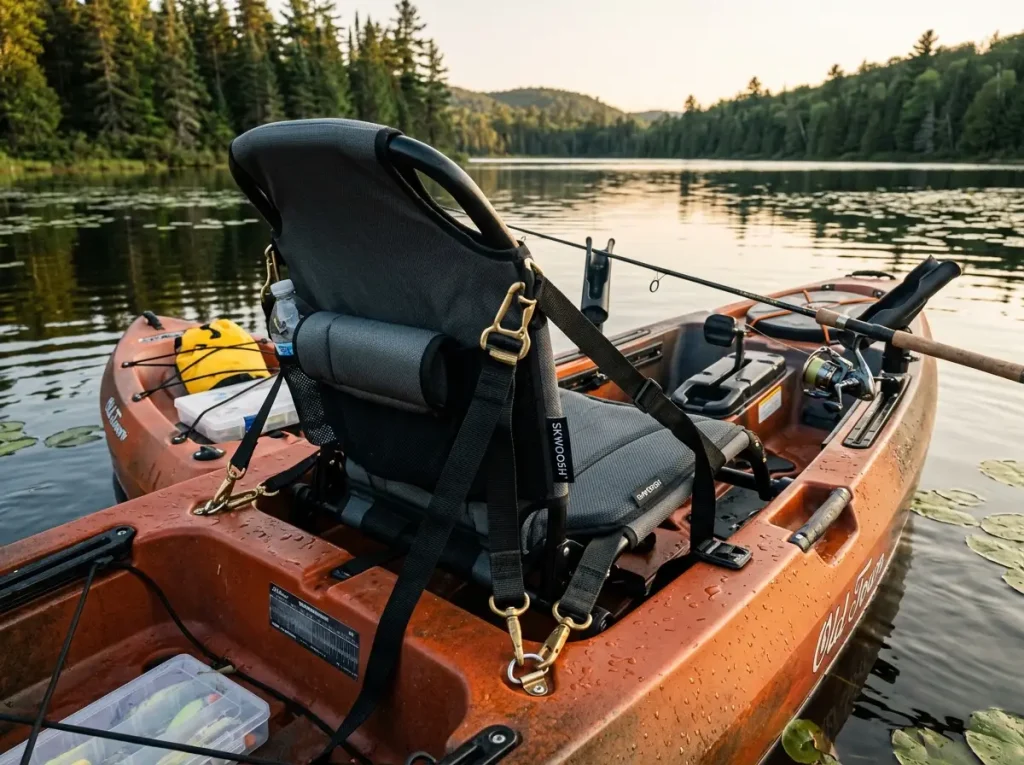 Skwoosh Expedition kayak seat installed in fishing kayak showing gel pad and lumbar support