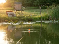 How to Fish a Slip Bobber for Panfish Step by Step Slip bobber floating on calm lake with line angled down toward panfish