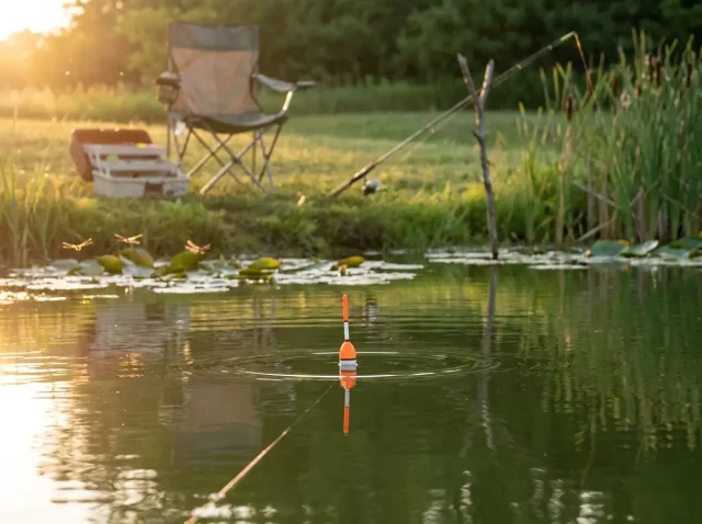slip-bobber-panfish-fishing-calm-lake Slip bobber floating on calm lake with line angled down toward panfish