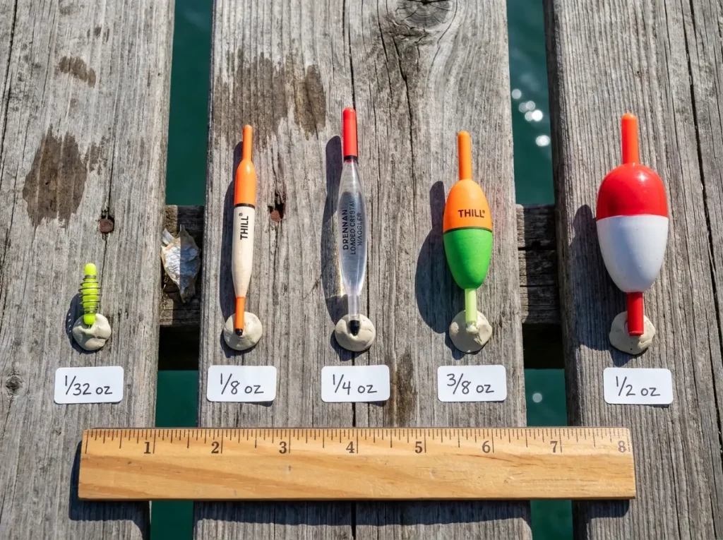 Collection of different slip bobber sizes arranged by weight rating