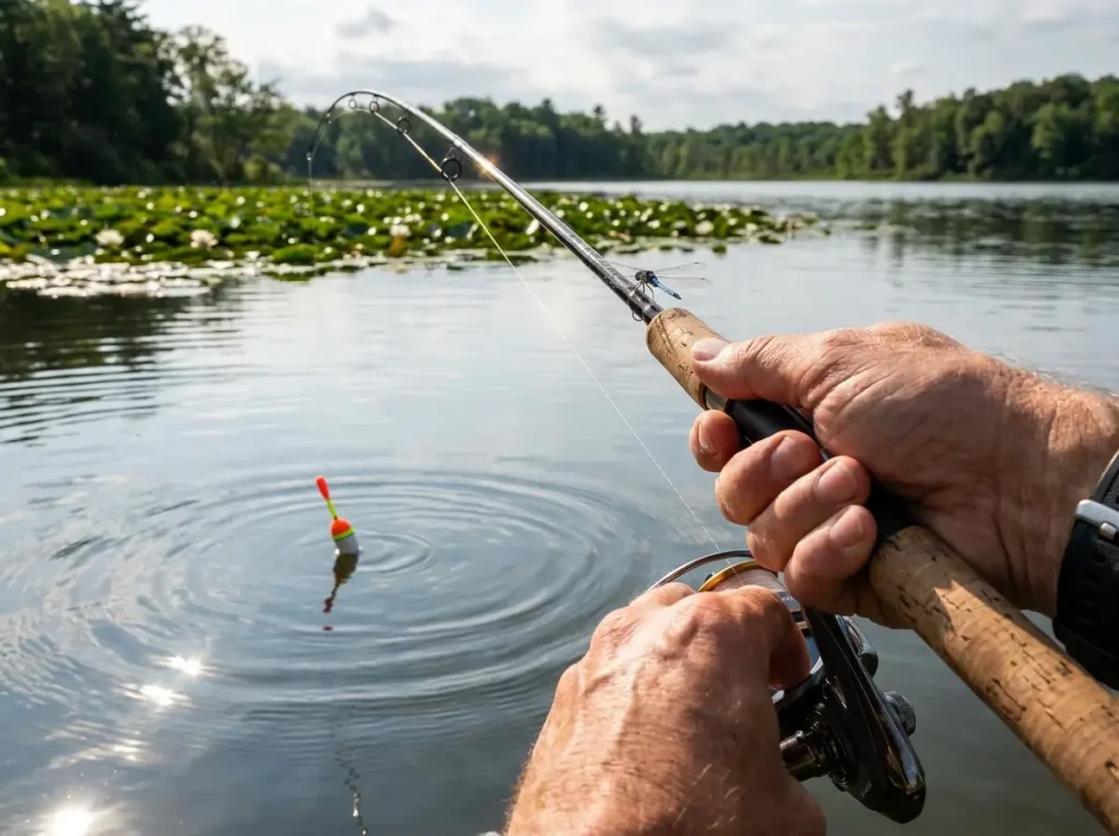Ultralight rod tip twitching a slip bobber on the water surface