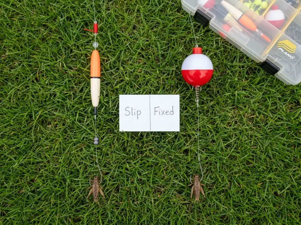 Side by side comparison of slip bobber and clip-on fixed bobber on grass