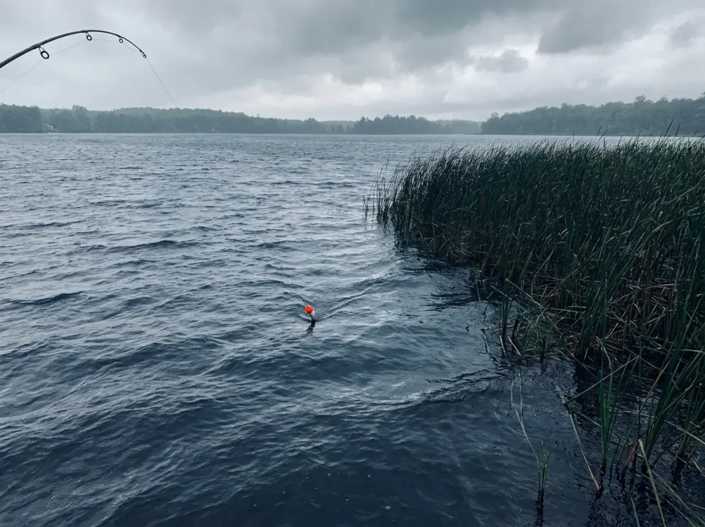 Slip bobber drifting across wind-rippled lake surface near weed edge