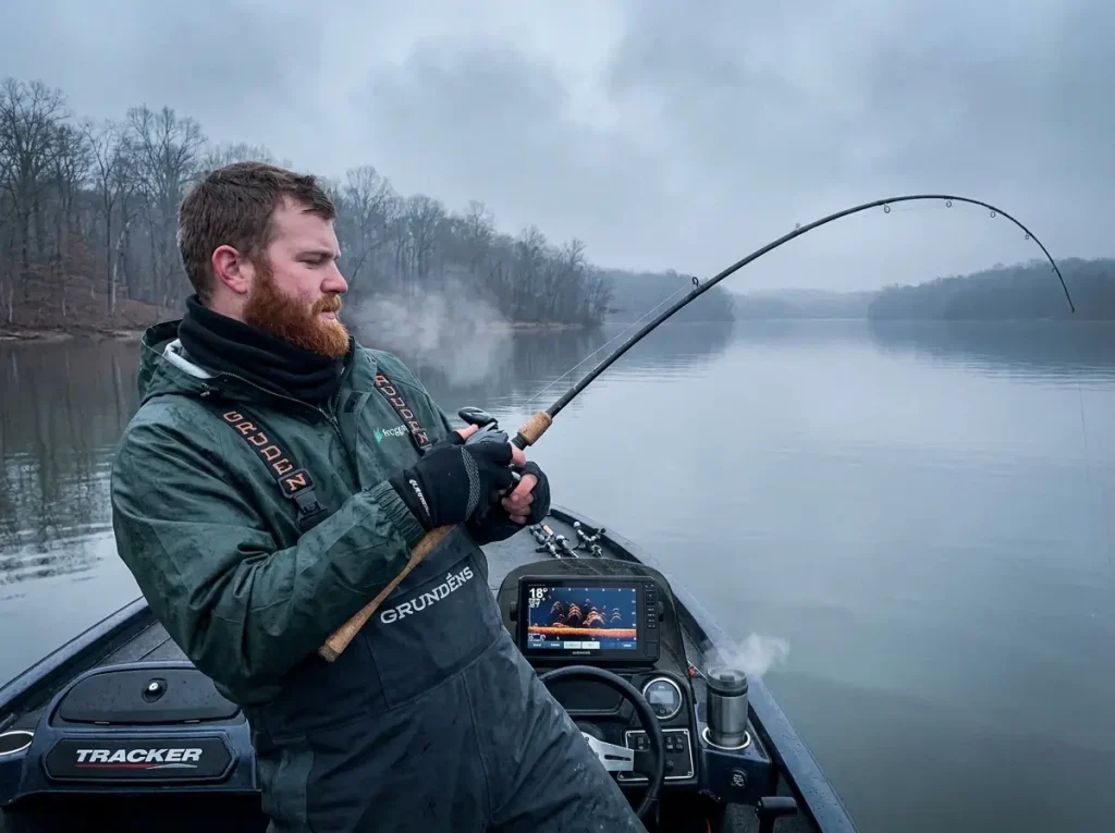 Angler slow rolling an Alabama rig near submerged timber on a cold morning