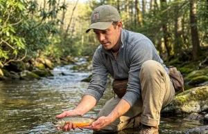 7 Small Stream Brook Trout Tricks That Actually Work Angler crouching beside a small mountain stream holding a wild brook trout