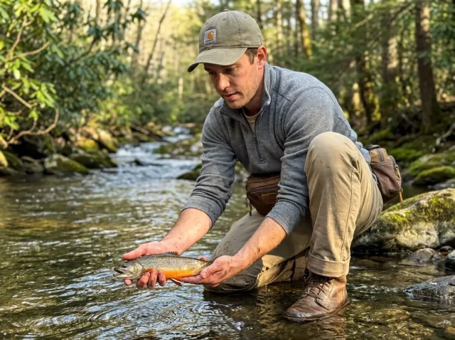 small-stream-brook-trout-fishing-hero Angler crouching beside a small mountain stream holding a wild brook trout