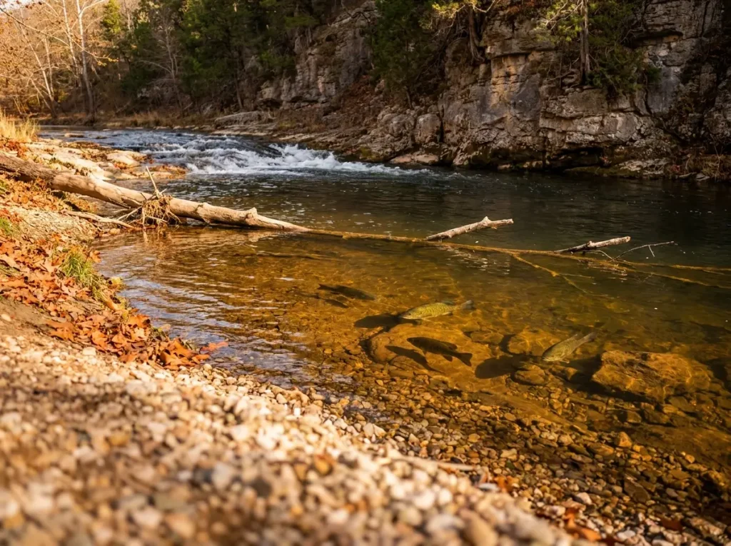 Deep river wintering hole with slow current and rocky bottom visible through clear water
