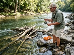 Why Yanking a Snagged Lure Makes It Worse Angler on rocky shoreline with fishing rod bent toward a snagged lure underwater