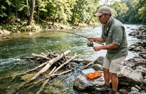 Why Yanking a Snagged Lure Makes It Worse Angler on rocky shoreline with fishing rod bent toward a snagged lure underwater