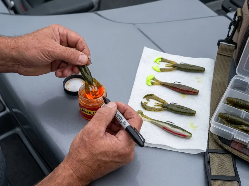 Angler customizing crawfish soft plastic with Spike-It dye and Sharpie marker on boat deck