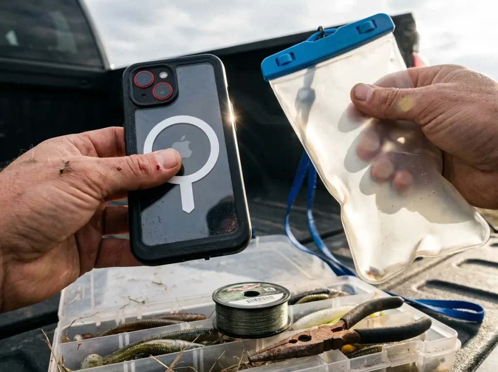 A slim Ghostek hard case and a floppy soft waterproof pouch held side by side over a tackle tray