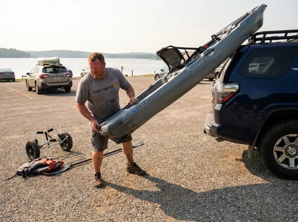 Angler solo loading a fishing kayak onto SUV roof rack with roller system