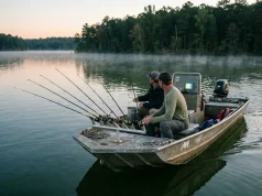 Spider Rigging for Crappie? Here’s the Full Setup Spider rigging crappie setup with eight B'n'M poles fanned off the bow of an aluminum boat at dawn