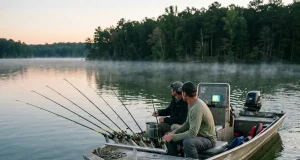 Spider Rigging for Crappie? Here’s the Full Setup Spider rigging crappie setup with eight B'n'M poles fanned off the bow of an aluminum boat at dawn