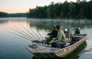 Spider Rigging for Crappie? Here’s the Full Setup Spider rigging crappie setup with eight B'n'M poles fanned off the bow of an aluminum boat at dawn