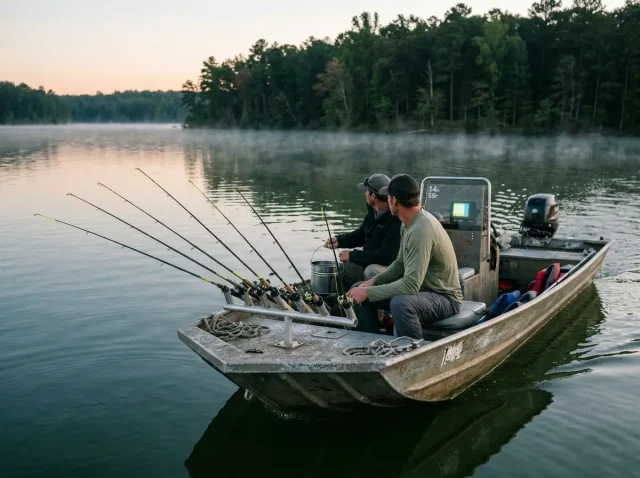 spider-rigging-crappie-multi-pole-setup-hero Spider rigging crappie setup with eight B'n'M poles fanned off the bow of an aluminum boat at dawn