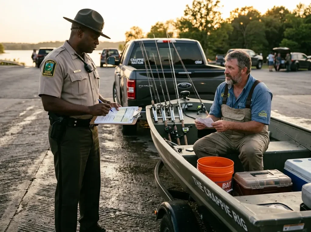 Game warden checking fishing licenses and pole count at a boat ramp with a crappie angler's multi-rod setup visible