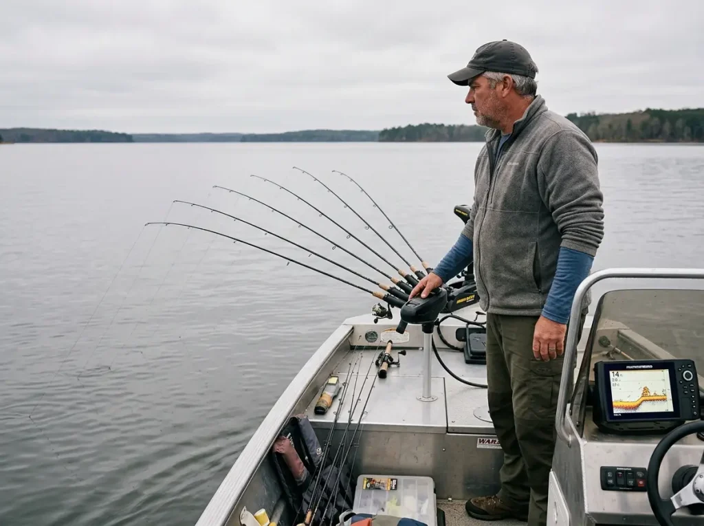 Angler at the bow of a crappie boat watching eight rod tips at slow trolling speed, lines near vertical